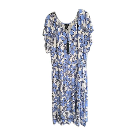 NWT Nicole Miller Blue Floral Split Neck Short Sleeve Midi Dress Womans Size 1X - Picture 1 of 7